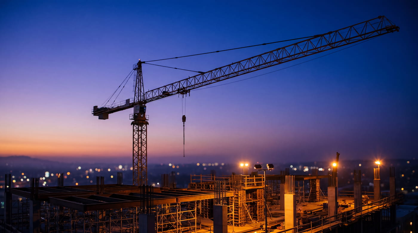 Tower crane silhouette at blue hour
